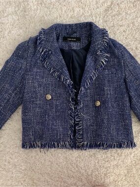 Zara Blue and White Tweed Cropped Blazer with Fringe Detail
